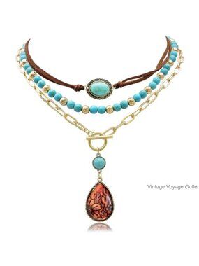 Layered Western Necklace Set Faux Leather Turquoise Beaded Rhinestone Hat Boot